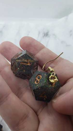 Green With Copper Ink Sharp Edge Iridescent Polyhedral Dice Earrings, DnD gift