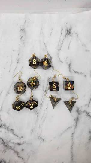 Green With Gold Ink Sharp Edge Iridescent Polyhedral Dice Earrings, DnD gift