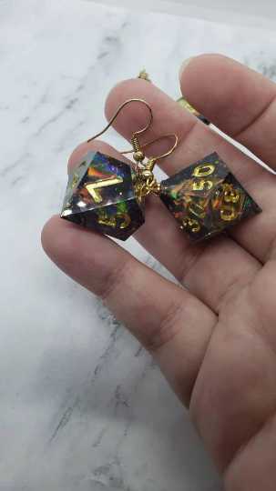 Green With Gold Ink Sharp Edge Iridescent Polyhedral Dice Earrings, DnD gift