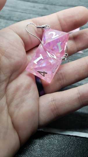 Pink Sharp Edge Iridescent Polyhedral Dice Earrings, DnD gift