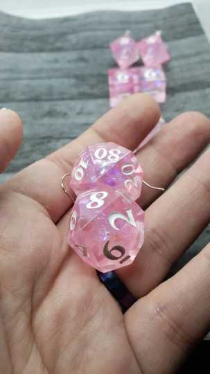 Pink Sharp Edge Iridescent Polyhedral Dice Earrings, DnD gift