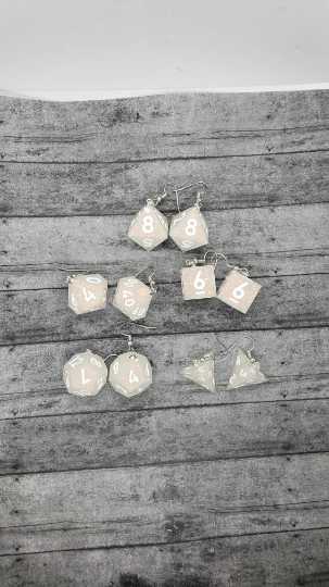 White Sharp Edge Iridescent Polyhedral Dice Earrings, DnD gift