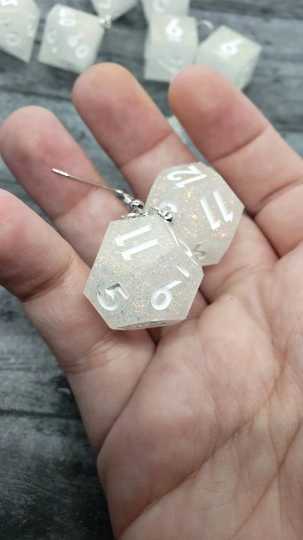 White Sharp Edge Iridescent Polyhedral Dice Earrings, DnD gift