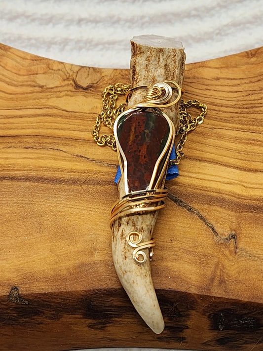 Wire Wrapped Bloodstone and Antler Pendant