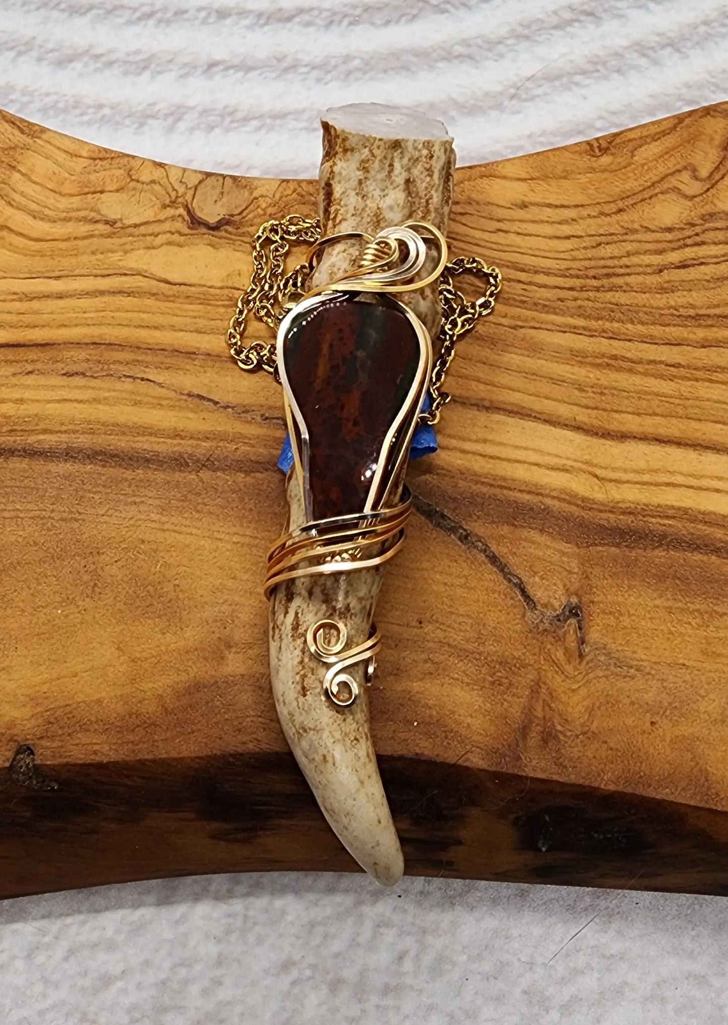 Wire Wrapped Bloodstone and Antler Pendant