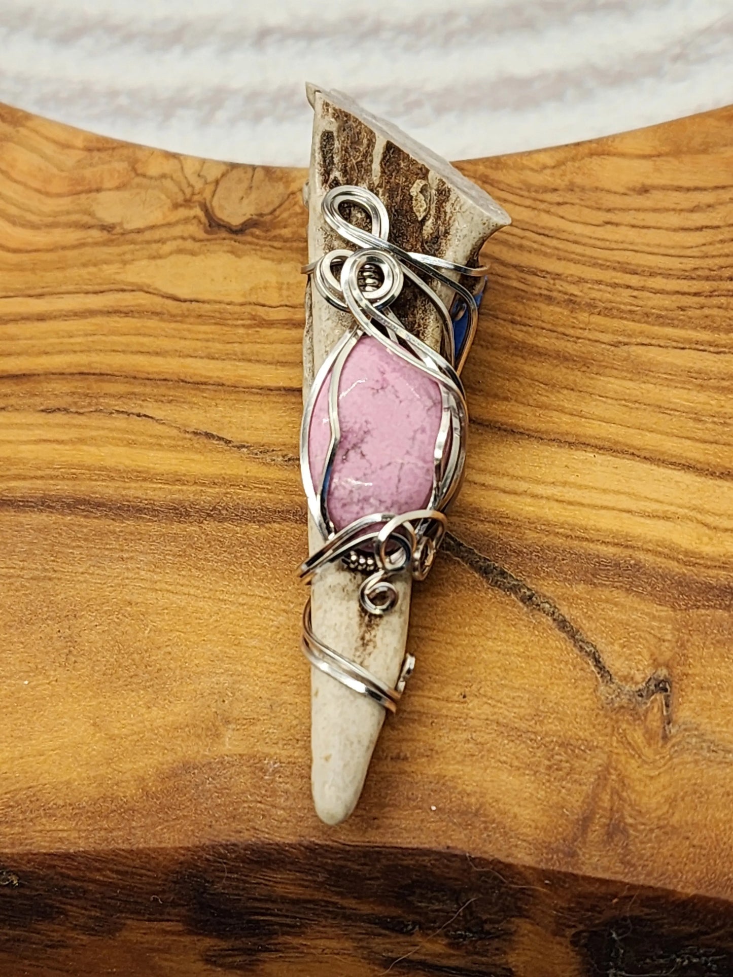 Wire Wrapped Cobalt Calcite and Antler Pendant