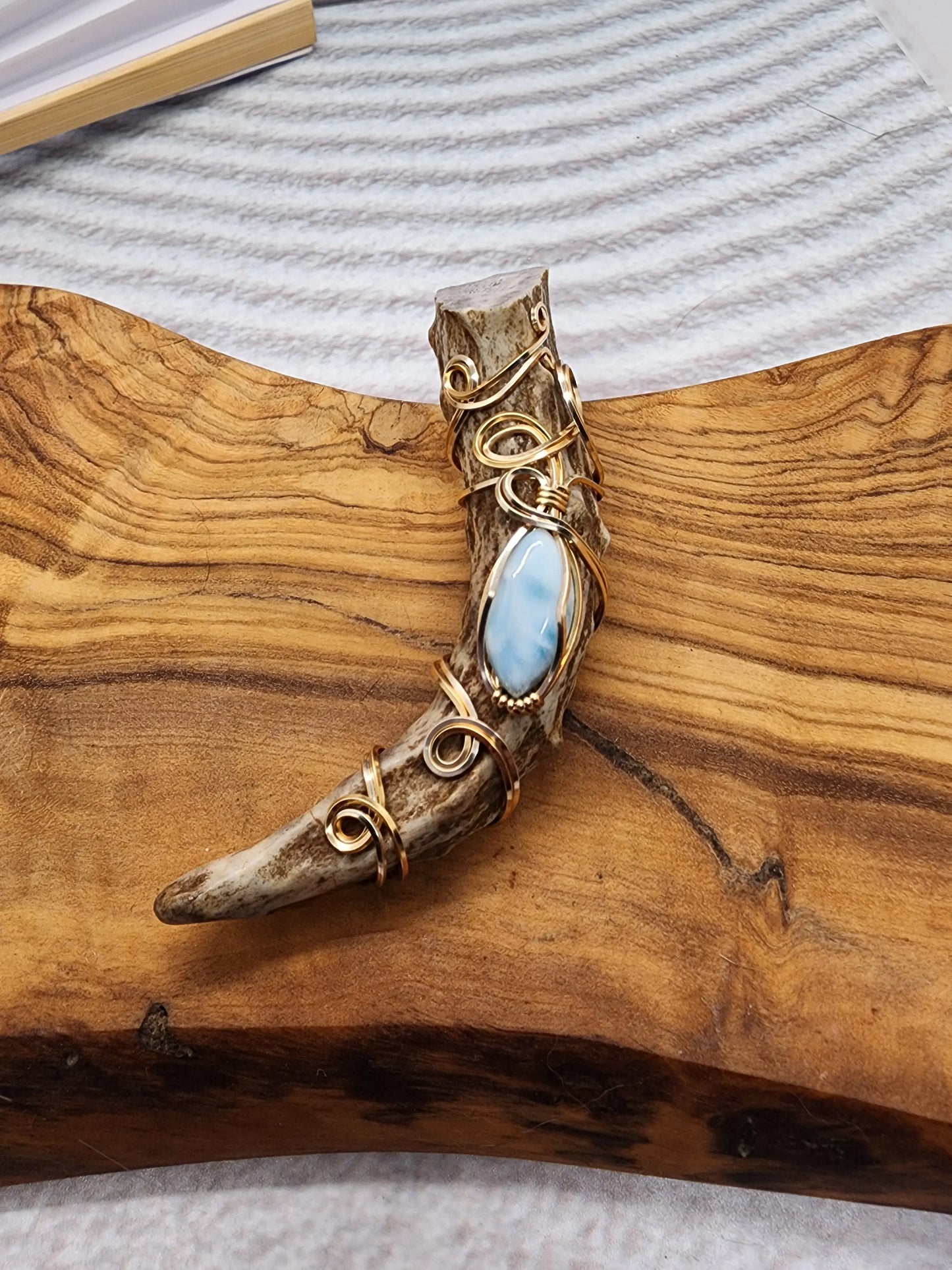 Wire Wrapped Larimar and Antler Pendant