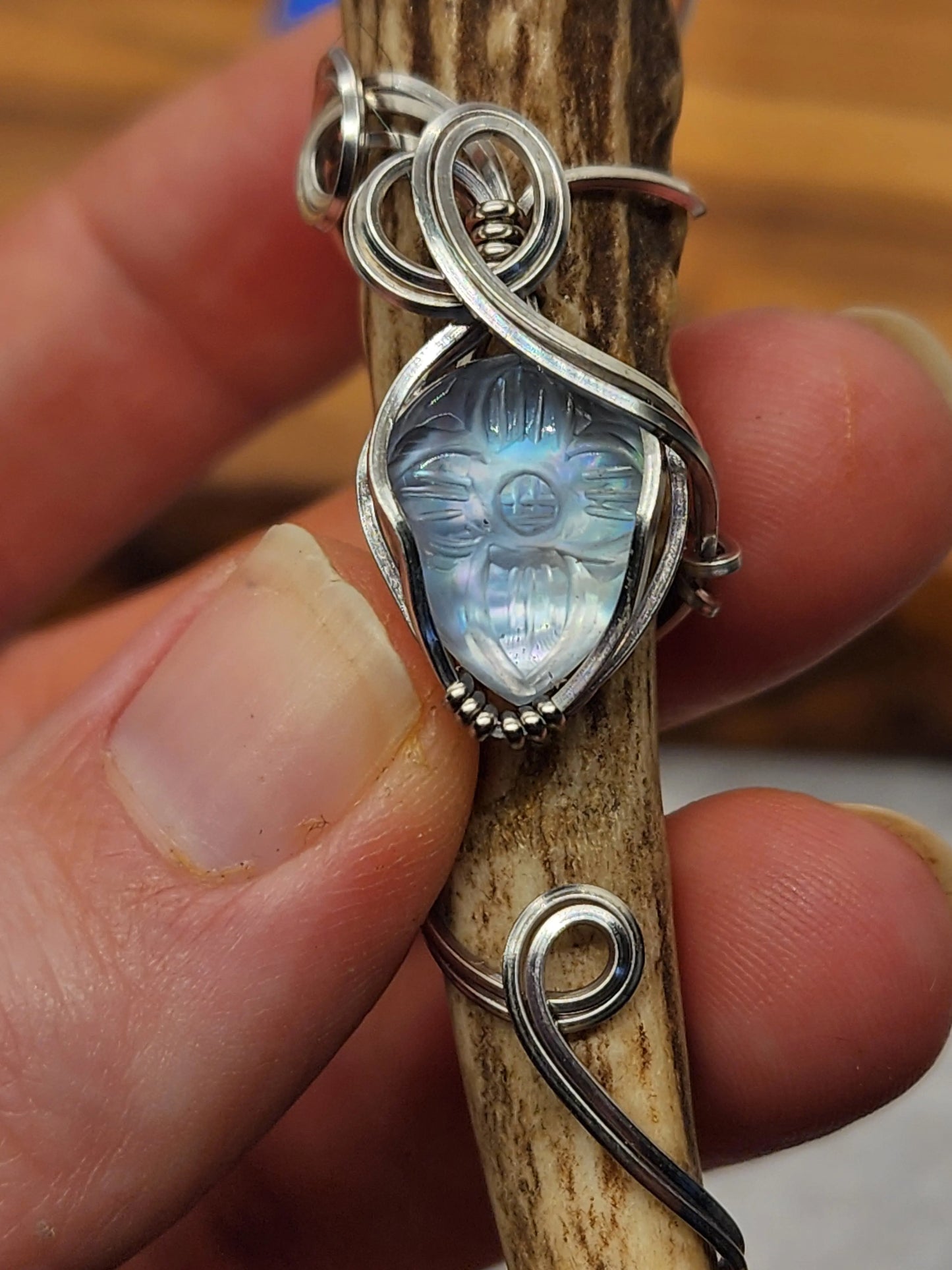 Wire Wrapped Mother of Pearl and Antler Pendant