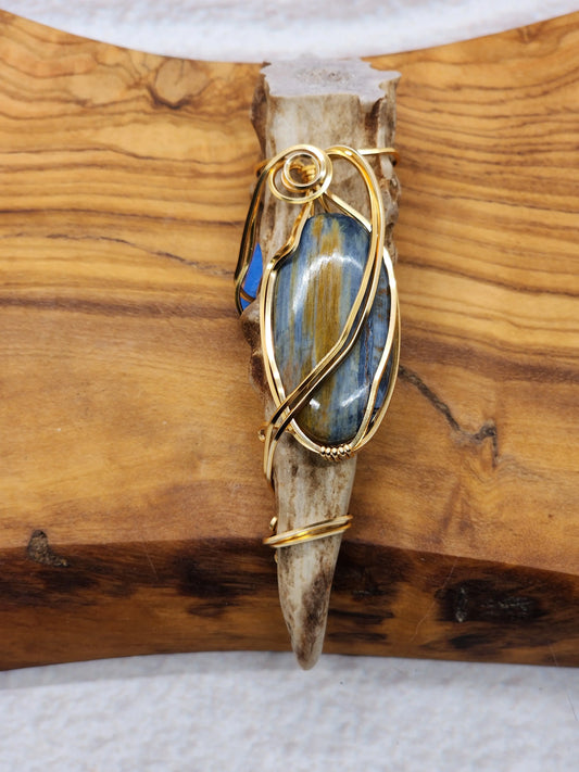 Wire Wrapped Pietersite and Antler Pendant