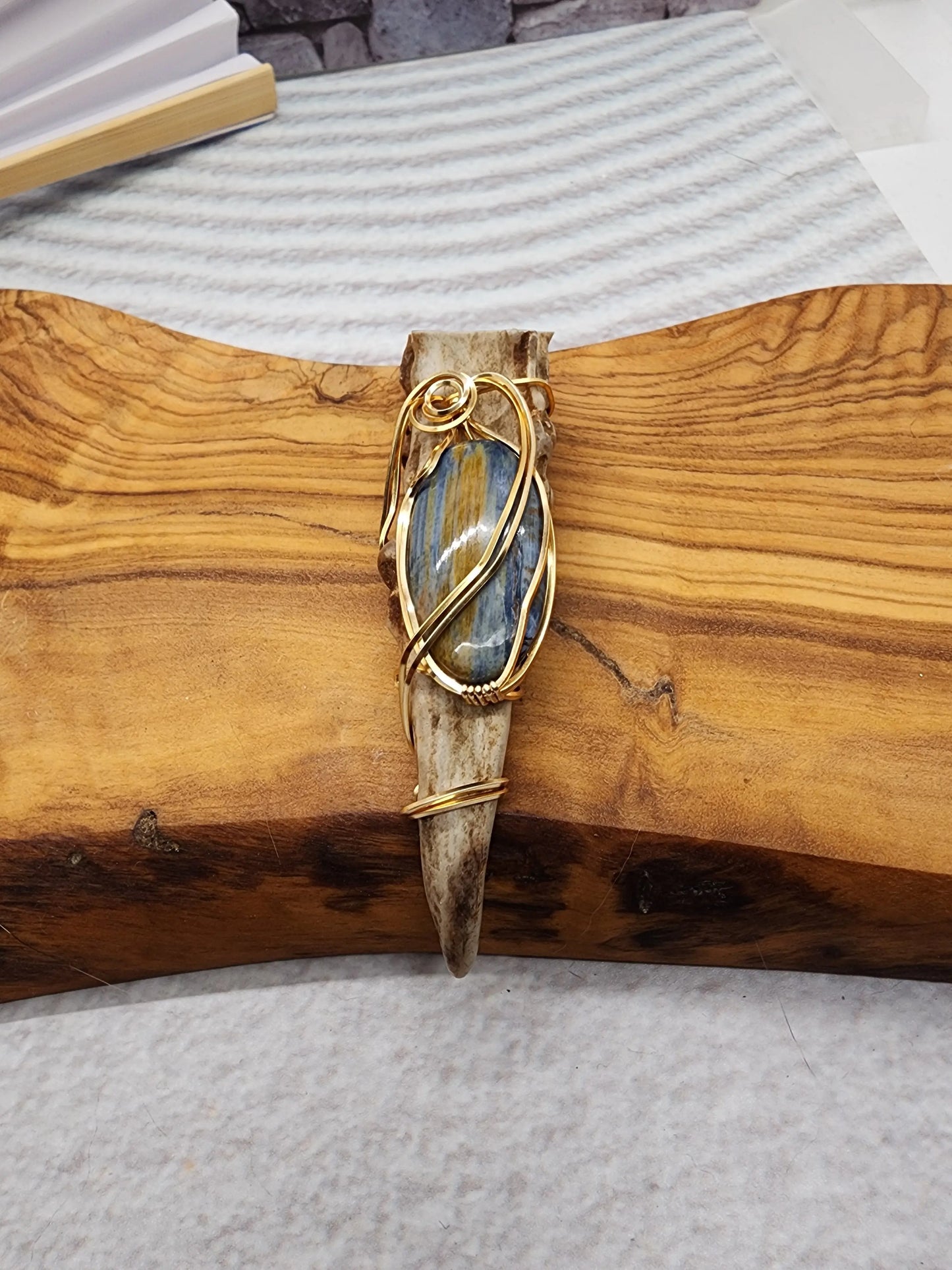 Wire Wrapped Pietersite and Antler Pendant