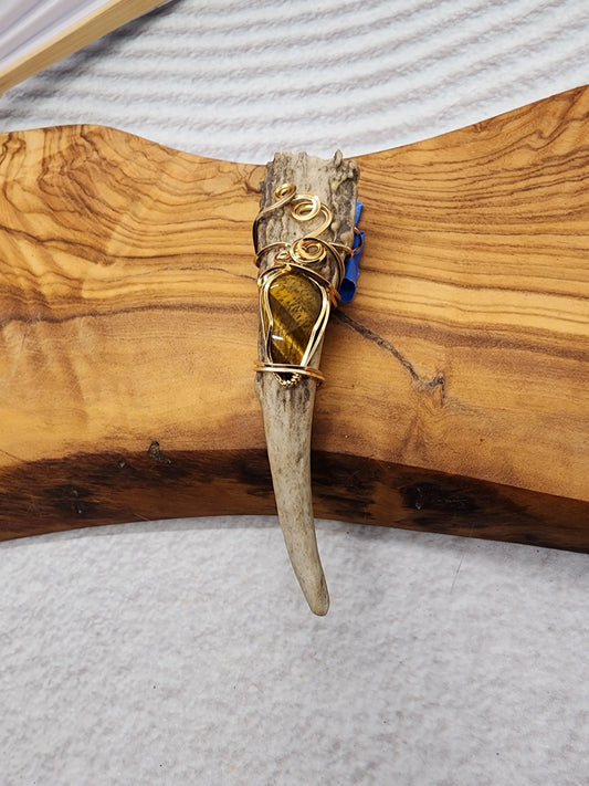 Wire Wrapped Tigers Eye and Antler Pendant
