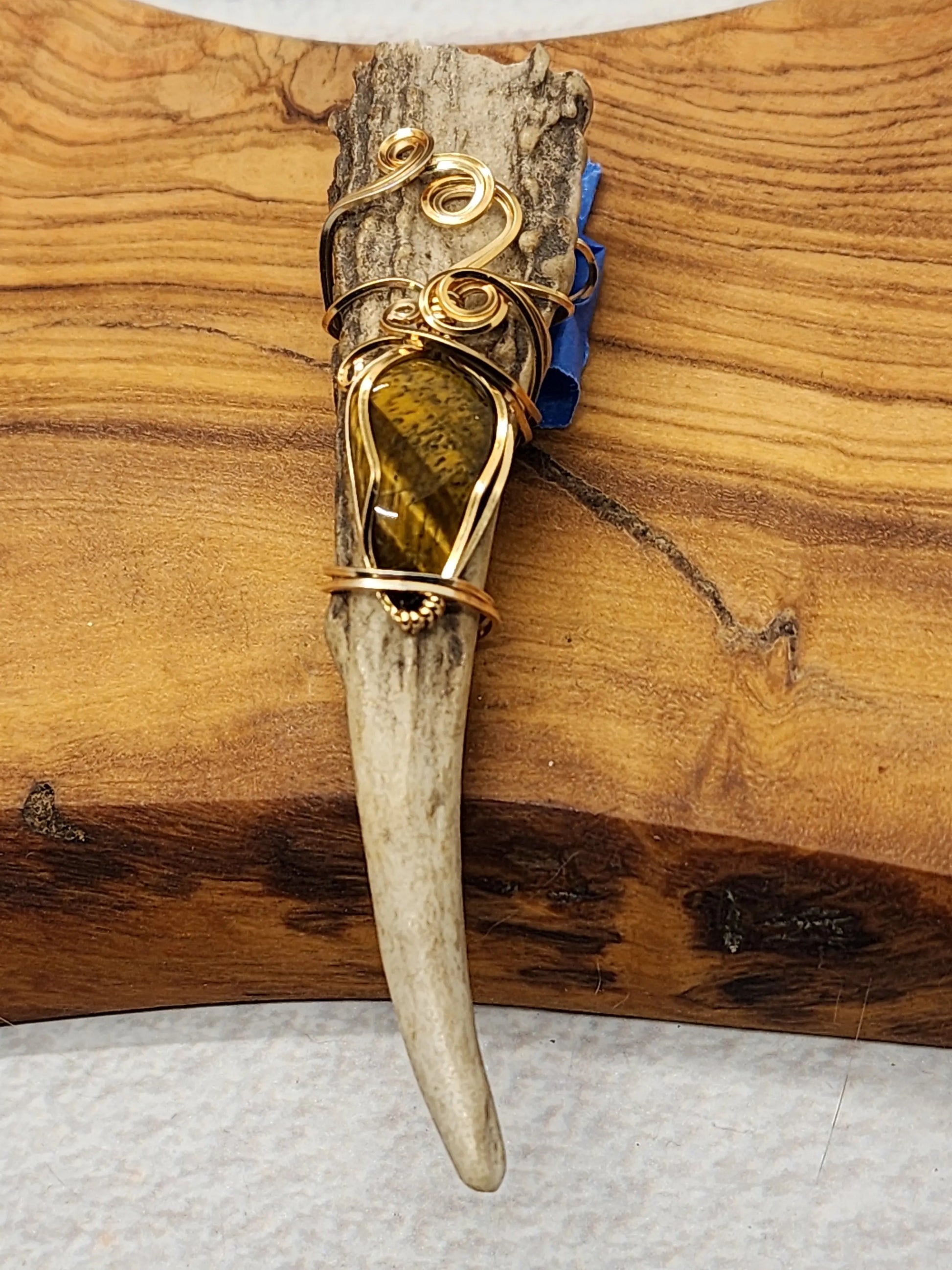Wire Wrapped Tigers Eye and Antler Pendant moonlitbeading