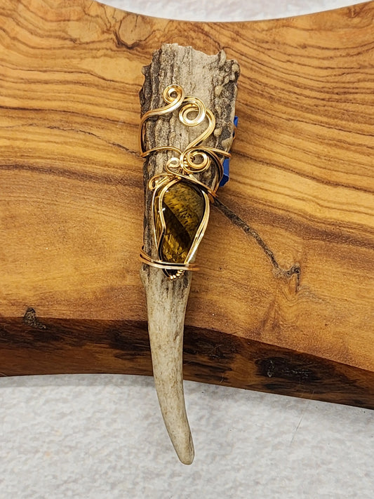 Wire Wrapped Tigers Eye and Antler Pendant