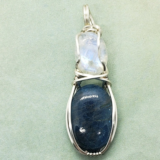 Apatite and Moonstone, Dual Stone Wire Wrapped Pendant, Protect Pendant - moonlitbeading