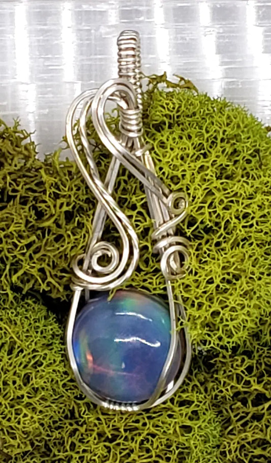Aurora Opal Pendant, Floating Elven Crystal Pendant, Silver Wire    gemstone pendant, opal