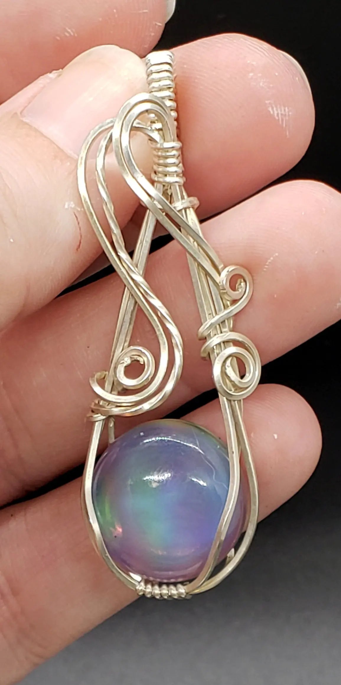 Aurora Opal Pendant, Floating Elven Crystal Pendant, Silver Wire    gemstone pendant, opal