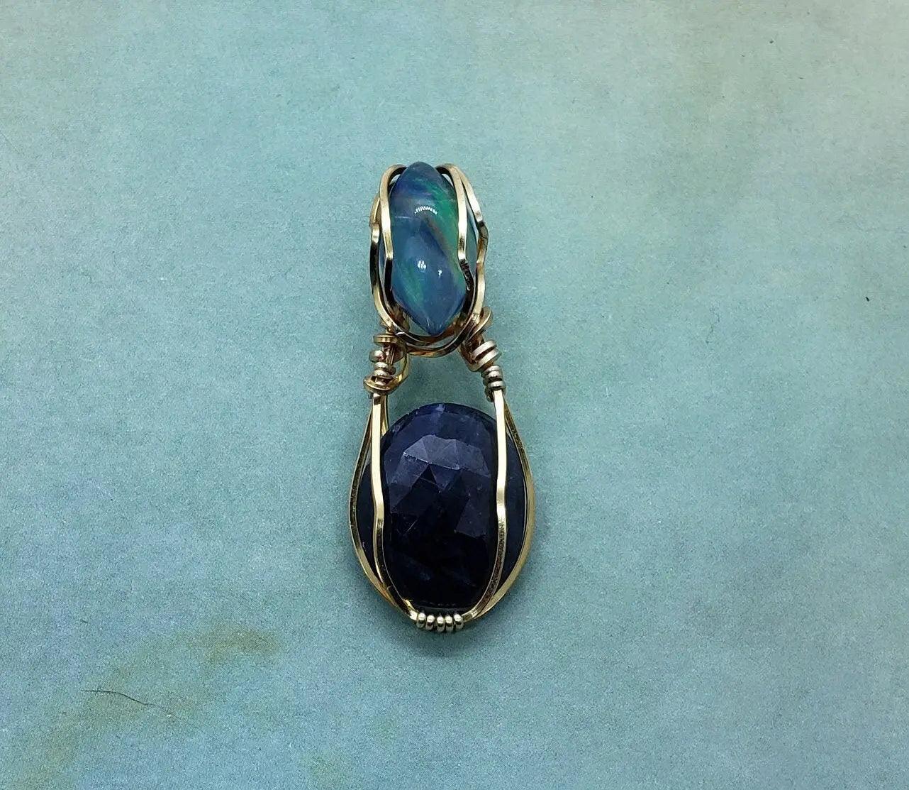 Aurora Opal and Blue Sapphire Pendant, Dual Stone Wire Wrapped Pendant, Protect Pendant - moonlitbeading