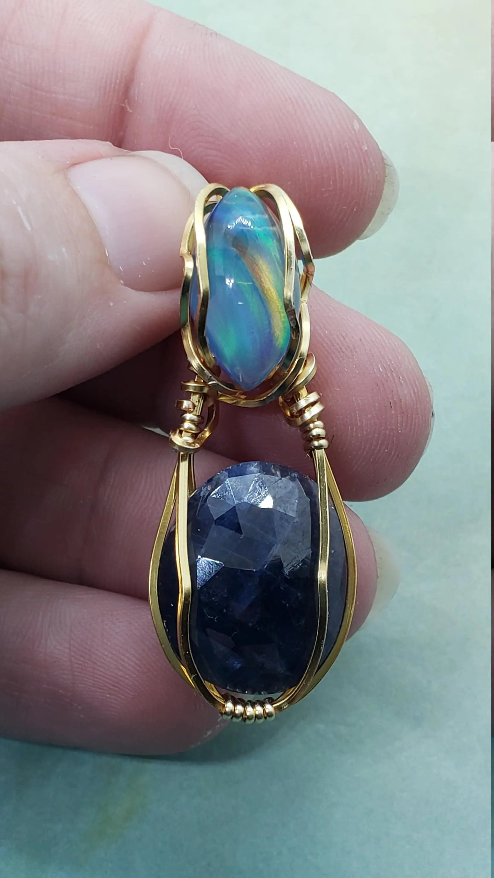 Aurora Opal and Blue Sapphire Pendant, Dual Stone Wire Wrapped Pendant, Protect Pendant - moonlitbeading
