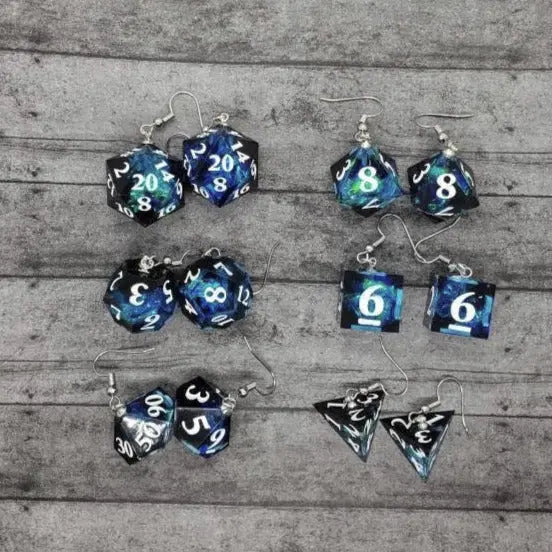 Blue Black Sharp Edge Iridescent Polyhedral Dice Earrings, DnD gift - moonlitbeading