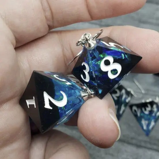 Blue Black Sharp Edge Iridescent Polyhedral Dice Earrings, DnD gift - moonlitbeading