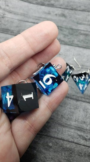 Blue Black Sharp Edge Iridescent Polyhedral Dice Earrings    black, blue, dice earrings, sharp edge
