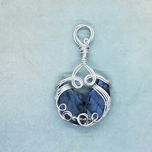 Blue Labradorite Crescent Moon Pendant    gemstone pendant, labradorite, moon, moon phase
