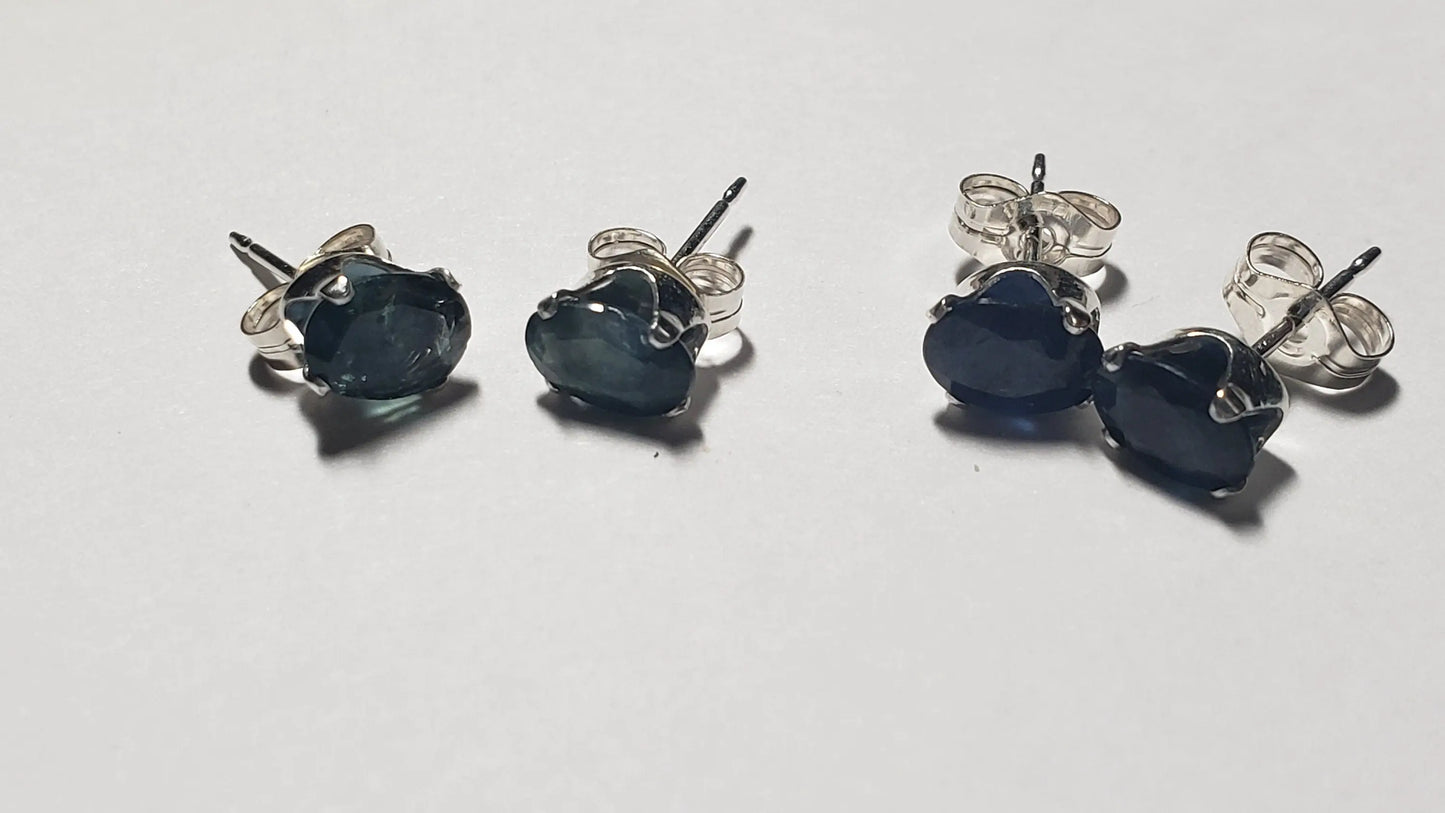 Blue Sapphire Stud Earrings, 6x4mm, Valentine's Day Gift - moonlitbeading