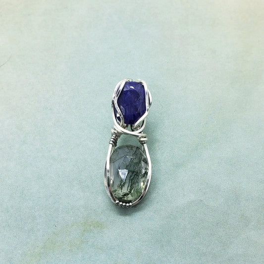 Blue Sapphire and Moss Agate Dual Stone Wire Wrapped Pendant, Protect Pendant - moonlitbeading