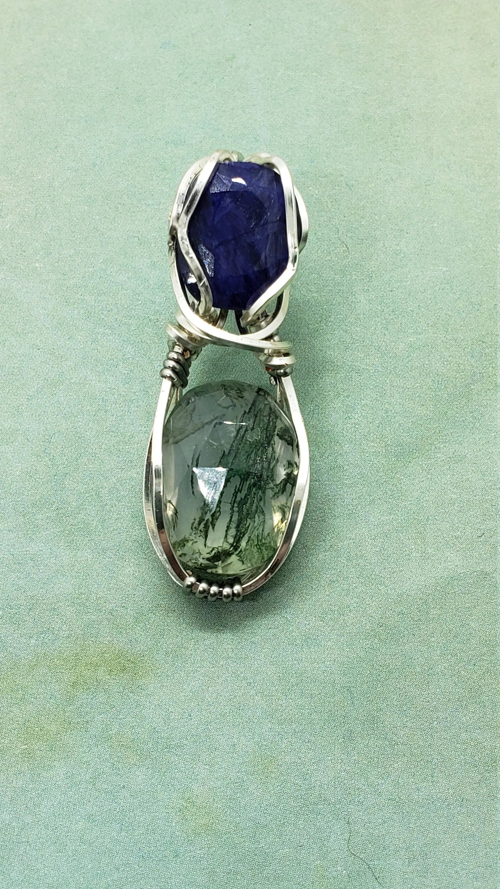 Blue Sapphire and Moss Agate Dual Stone Wire Wrapped Pendant, Protect Pendant - moonlitbeading