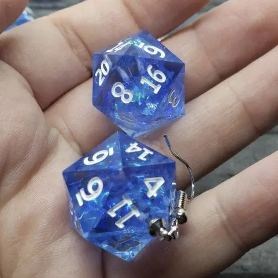 Blue Sharp Edge Iridescent Polyhedral Dice Earrings, DnD gift - moonlitbeading
