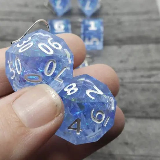 Blue Sharp Edge Iridescent Polyhedral Dice Earrings, DnD gift - moonlitbeading