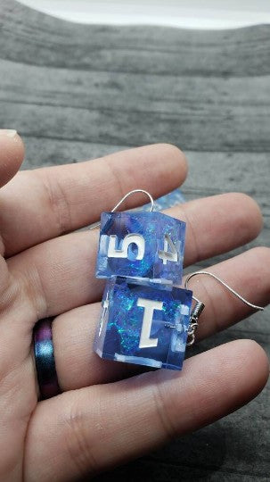 Blue Sharp Edge Iridescent Polyhedral Dice Earrings, DnD gift    blue, dice earrings