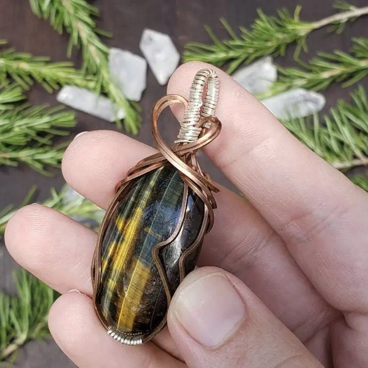 Blue and Gold Tigers Eye Wire Wrapped Pendant - moonlitbeading
