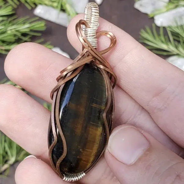 Blue and Gold Tigers Eye Wire Wrapped Pendant - moonlitbeading