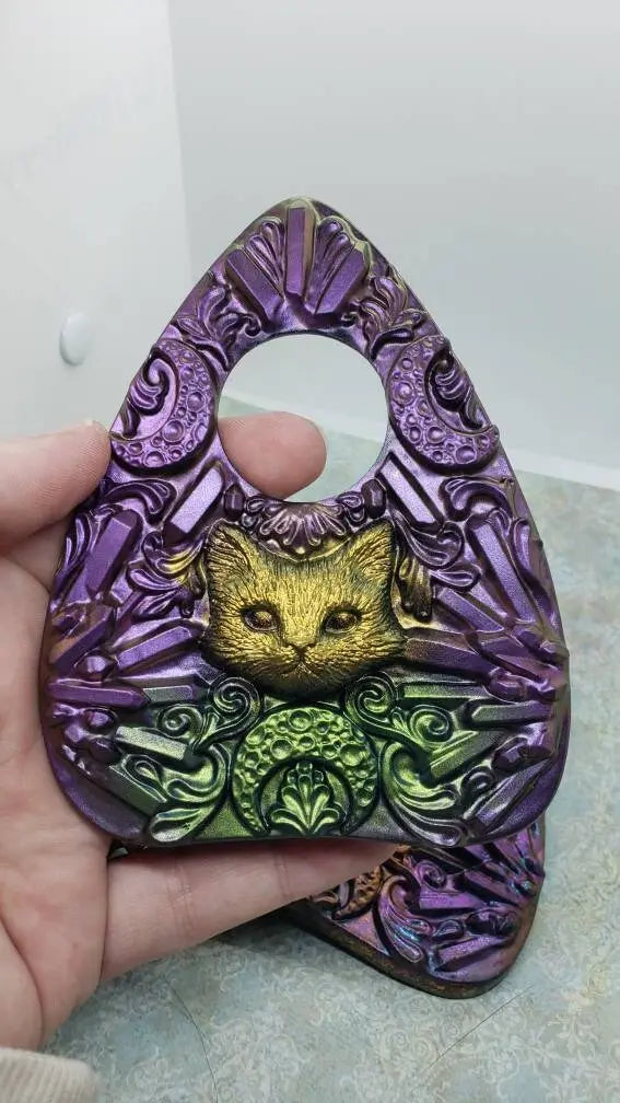 Cat, Crystal and Moon Planchette    altar decor, blue, cat, divination, gold, green, moon, moon phase, orange, ouija, Planchette, purple, witchy