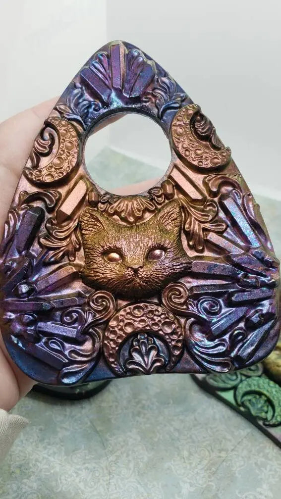 Cat, Crystal and Moon Planchette    altar decor, blue, cat, divination, gold, green, moon, moon phase, orange, ouija, Planchette, purple, witchy