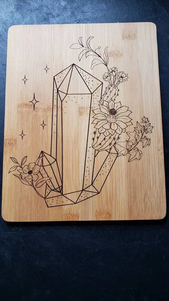 Crystal and Flower Laser Engraved Cutting Board - moonlitbeading