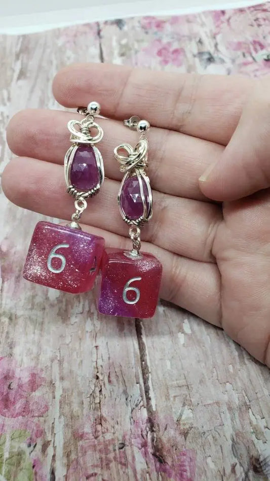 D6 Dice and Pink Sapphire Dangle Earrings - moonlitbeading