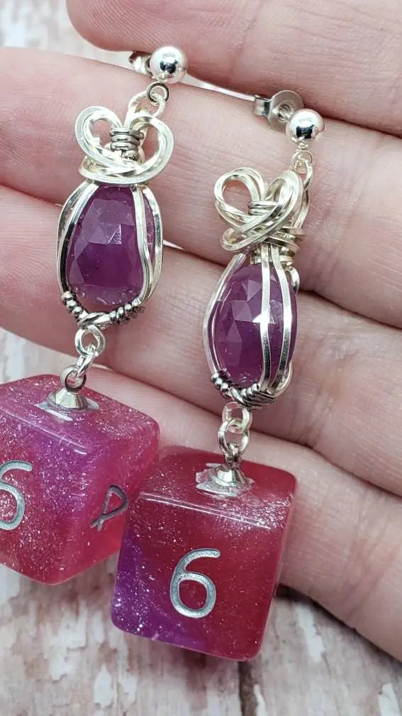 D6 Dice and Pink Sapphire Dangle Earrings - moonlitbeading
