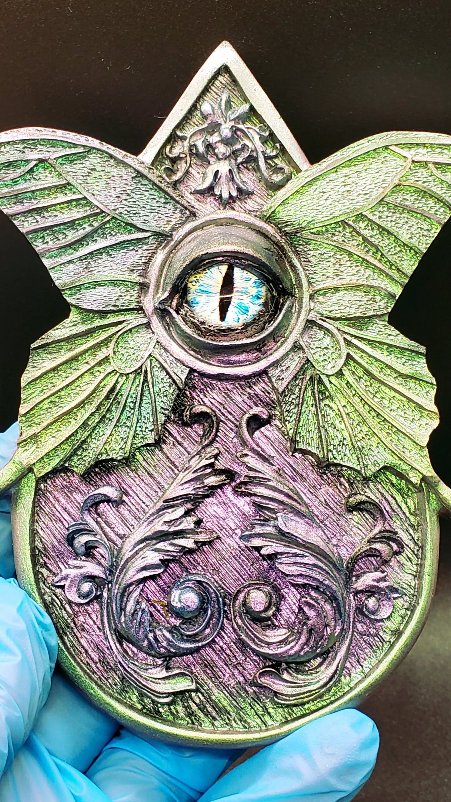 Evil Eye Lunar Moth Planchette    altar decor, blue, divination, evil eye, eye, eyes, gold, green, moon, moon phase, orange, ouija, Planchette, purple, witchy