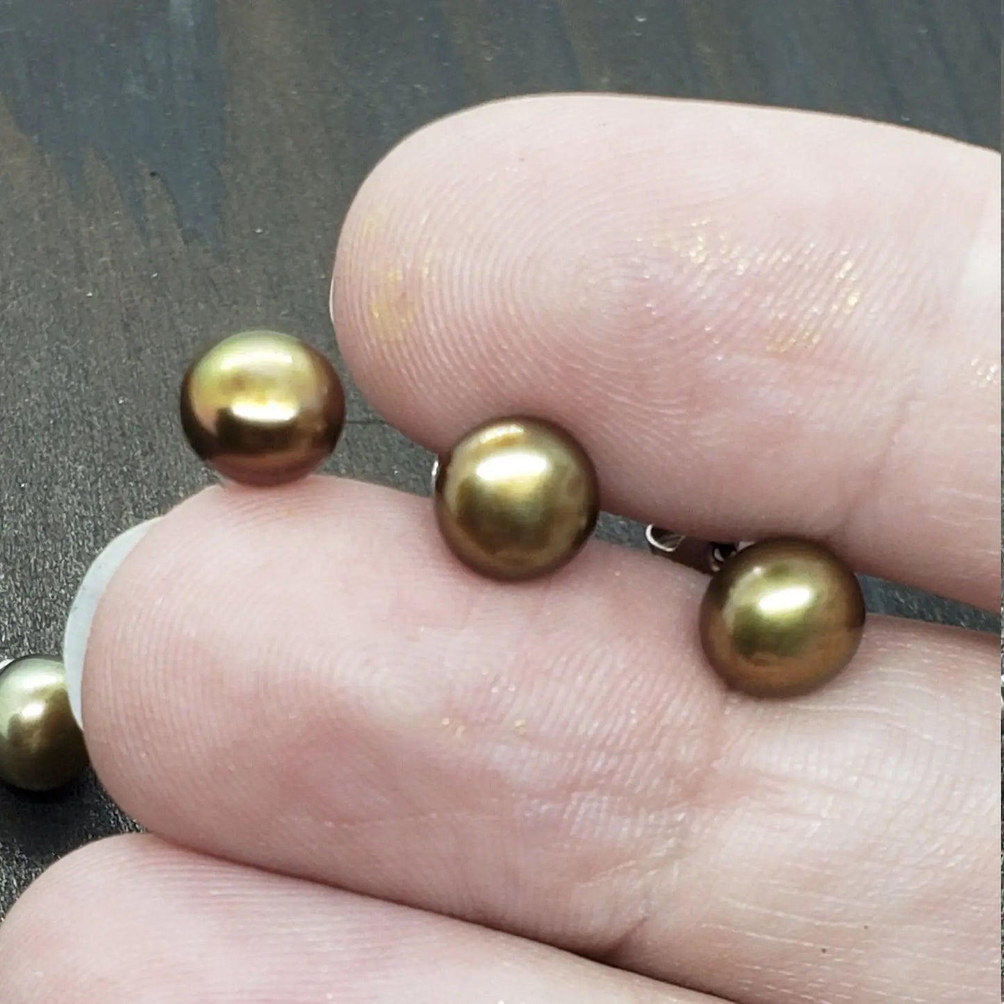 Golden Bronze Japanese Fresh Water Pearl Stud Earring    bronze, gemstone earring, gold, pearl