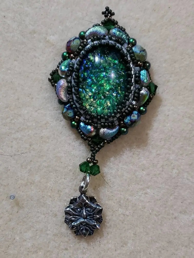 Green Man Celtic Druid Pendant Pagan Celtic Wiccan Witchy Crystal Beaded Pendant - moonlitbeading