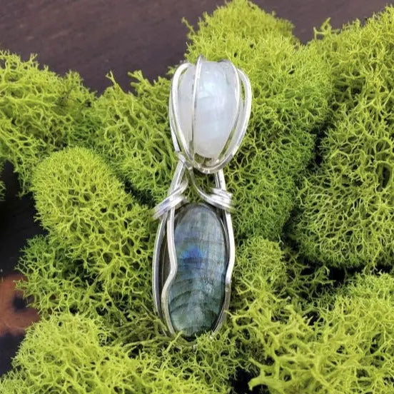 Labradorite and Moonstone, Dual Stone Wire Wrapped Pendant, Protect Pendant - moonlitbeading