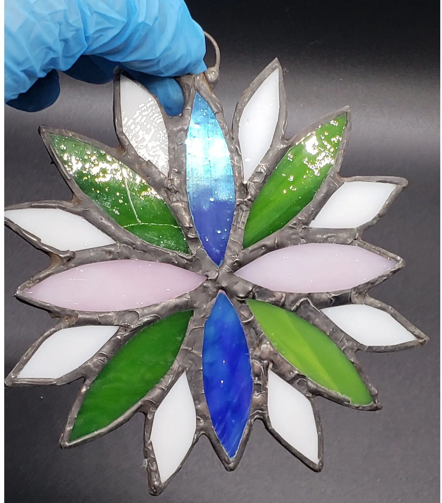 Large Genderqueer Flower Suncatcher, LGBTQ+ Floral stained glass    genderqueer, green, lgbtq+, purple, stained glass, suncatcher