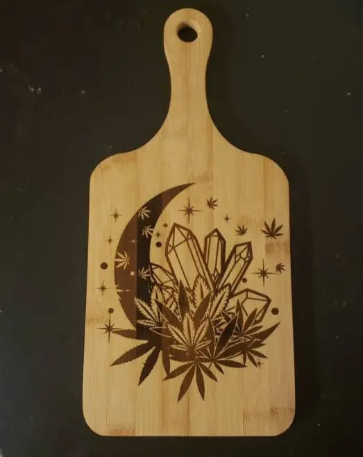 Moon Crystals and Weed Cutting Board    bamboo, crystal cluster, cutting board, marijuana, moon phase, weed