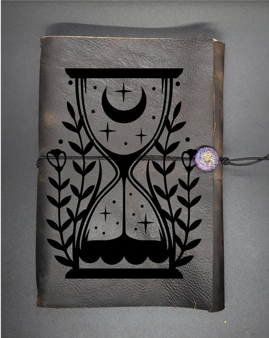 Moon Phase, Hourglass, Embossed Refillable Leather Journal, A5 leather journal