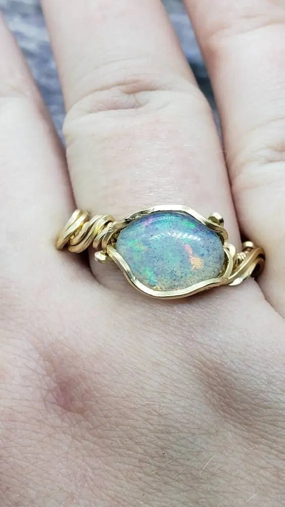 Opal Wire Wrapped Ring Size 9 - moonlitbeading