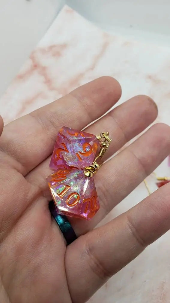 Pink Sharp Edge Iridescent Polyhedral Dice Earrings, DnD gift    dice earrings