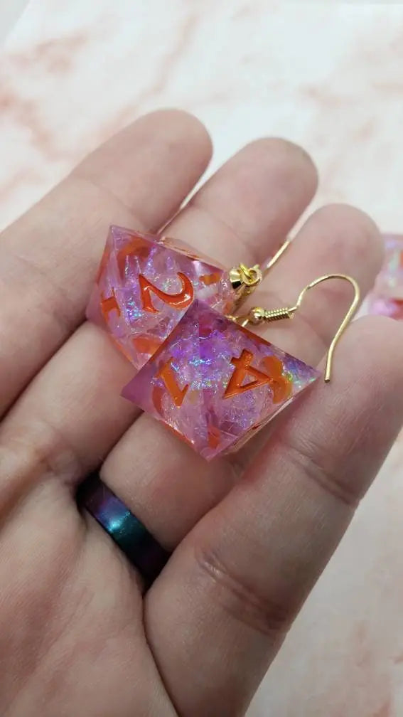 Pink Sharp Edge Iridescent Polyhedral Dice Earrings, DnD gift    dice earrings
