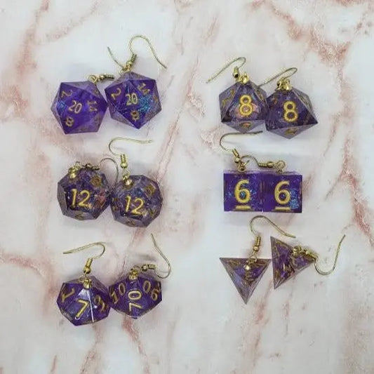 Purple Sharp Edge Iridescent Polyhedral Dice Earrings, DnD gift - moonlitbeading